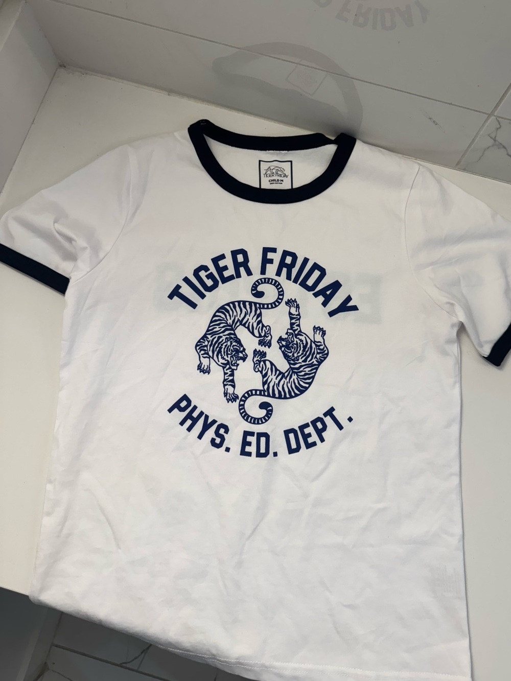Tiger Friday White & Navy Kids Ringer Tee - Phys. Ed. Dept.